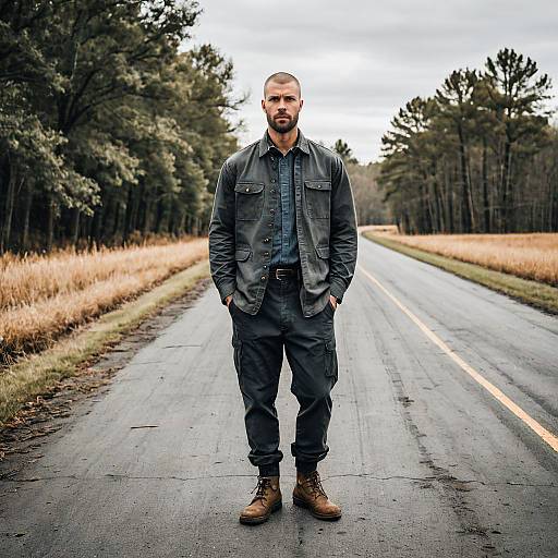 Man Standing on Rural Road in Rugged Outdoor Attire