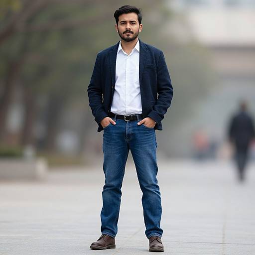 Confident Man in Casual Blazer and Jeans Standing Outdoors