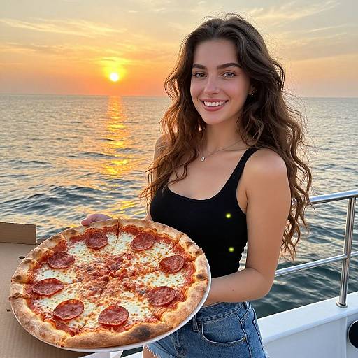 Young Woman Holding Pepperoni Pizza on Boat at Sunset