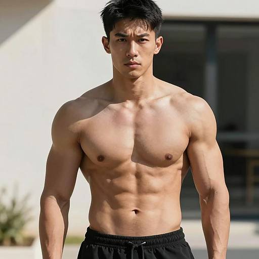 Muscular Young Man Showing Defined Abs and Athletic Physique Outdoors