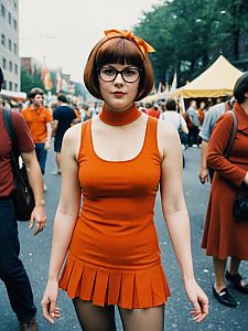Woman in Photorealistic Velma Costume at Festival in Natural Daylight