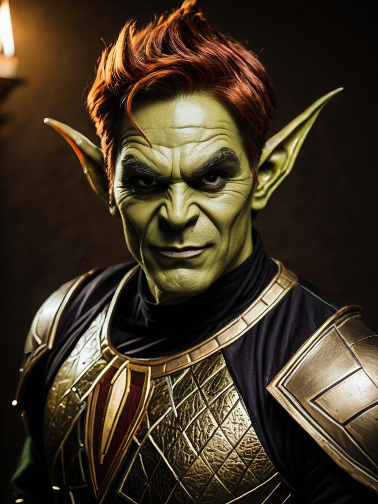 Realistic Man Wearing Green Goblin Costume with Gold Armor – Detailed Cosplay Photo