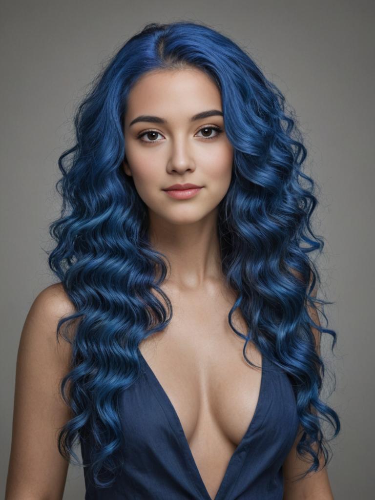 Young Woman with Cascading Blue Hair in Elegant Curls