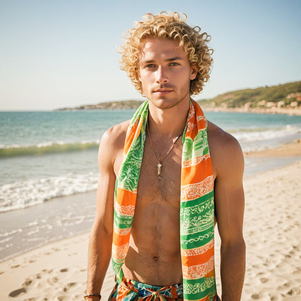 Confident Young Man on Beach in Vibrant Swimwear