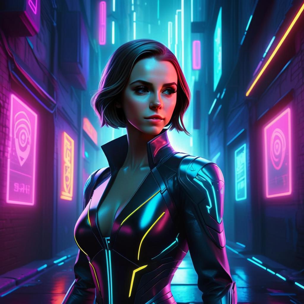 Confident Woman in Futuristic Alleyway with Neon Bodysuit