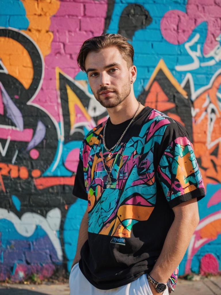 Confident young man in front of graffiti wall