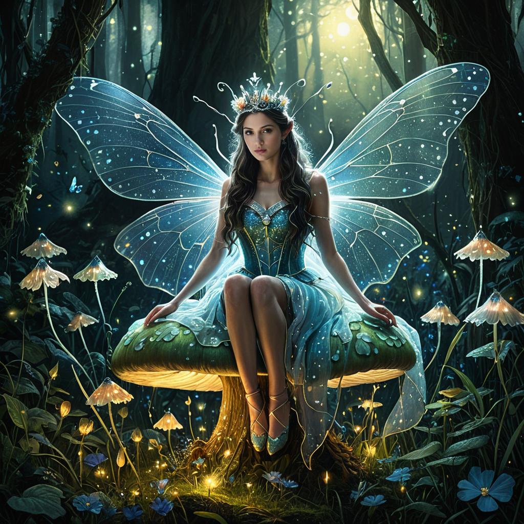 Mystical Fairy Woman Sitting on Mushroom in Enchanted Forest Fantasy Artwork