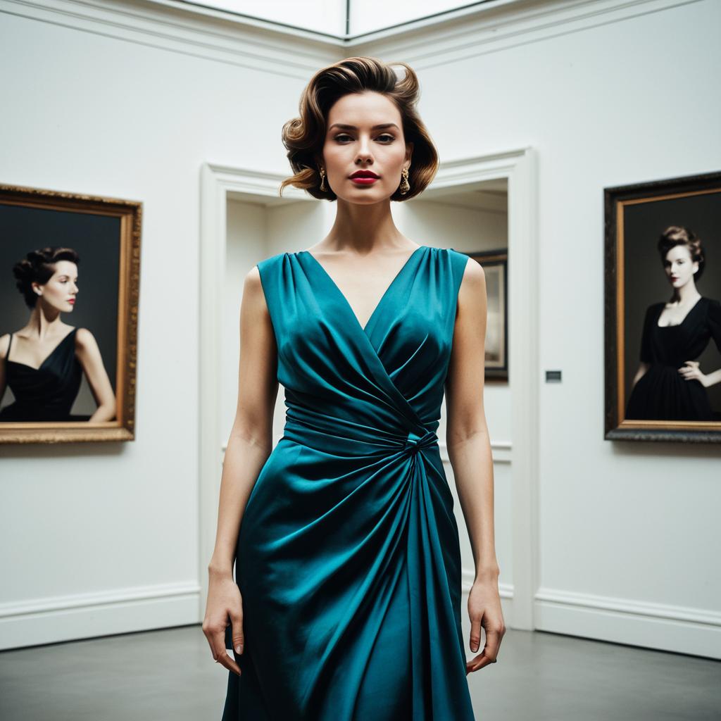Elegant Woman in Teal Satin Dress at Art Gallery with Classic Portraits
