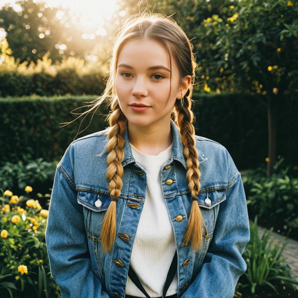 Young Woman in Denim Jacket with Braided Hair in Garden