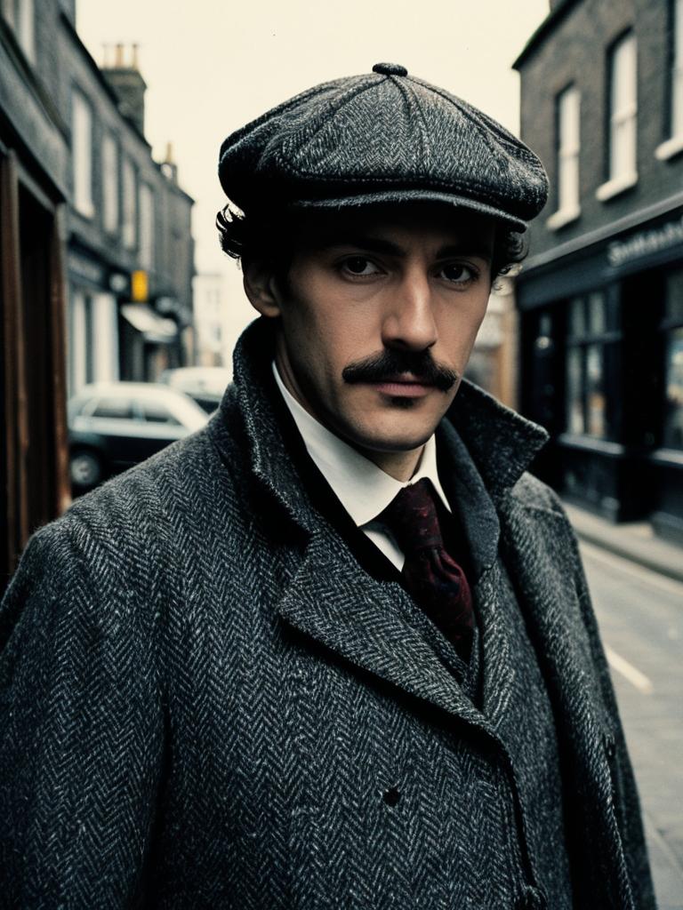 Classic Sherlock Holmes Style Man in Tweed Coat and Flat Cap on Vintage City Street
