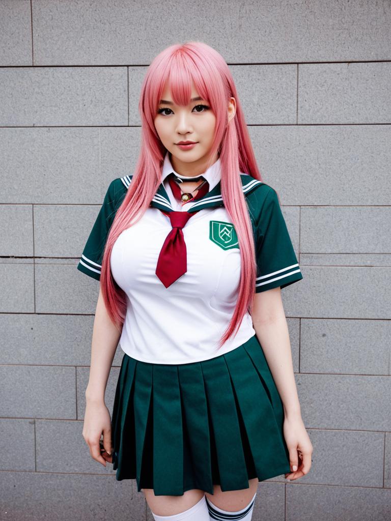 Akashiya Moka Cosplay in Japanese School Uniform with Pink Hair