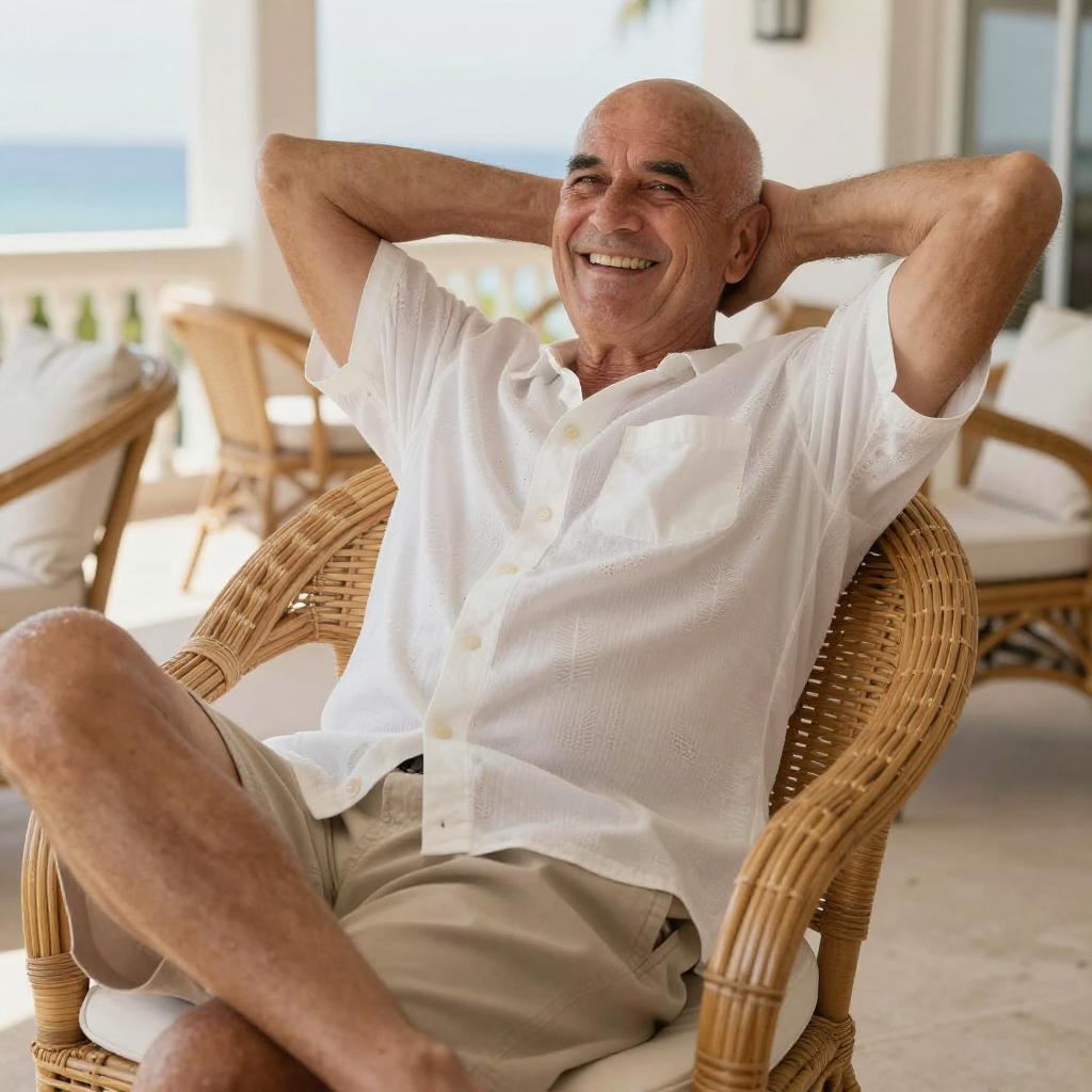 Elderly Man Relaxing Comfortably in Wicker Chair on Patio