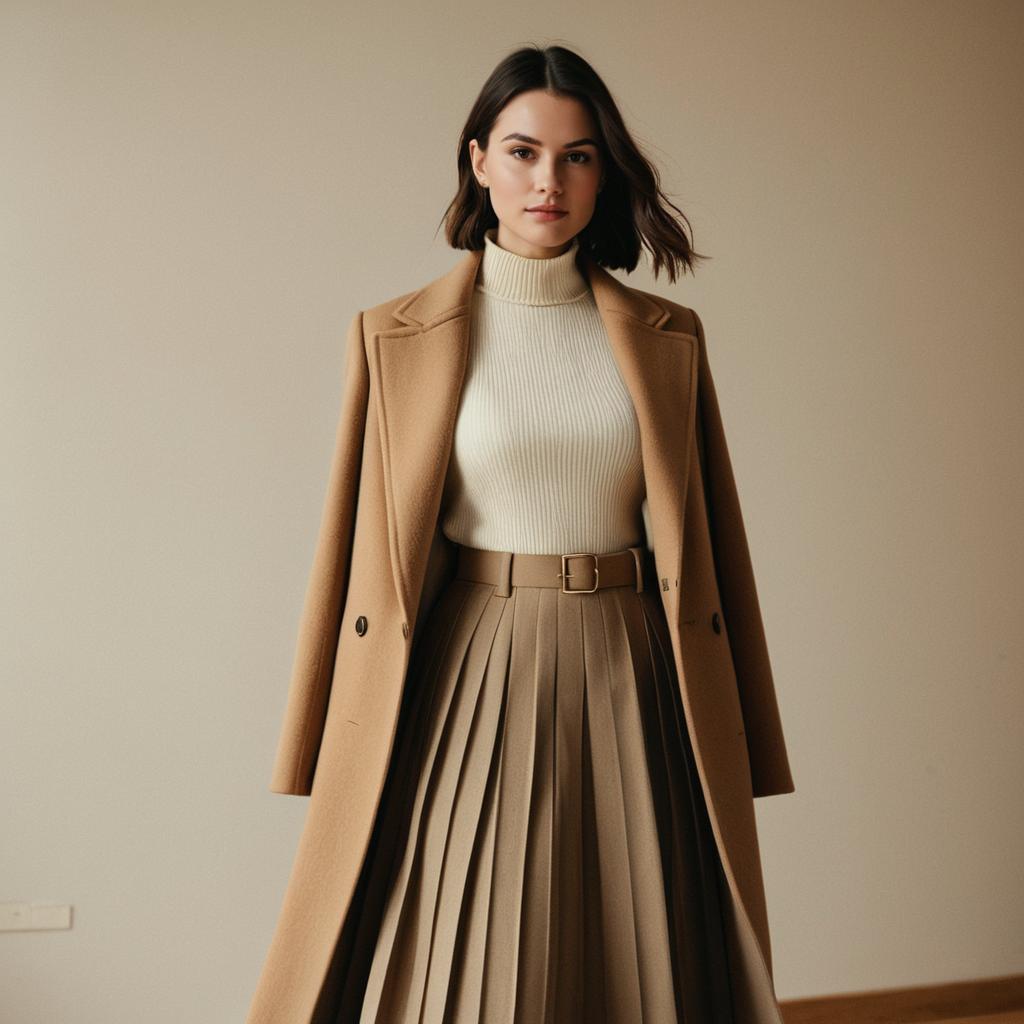 Elegant Woman in Beige Wool Coat and Pleated Skirt Fashion Portrait