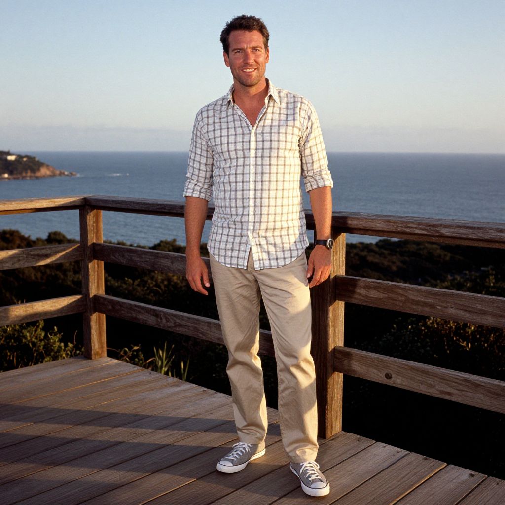Man on Wooden Deck Overlooking Ocean View in Casual Outfit