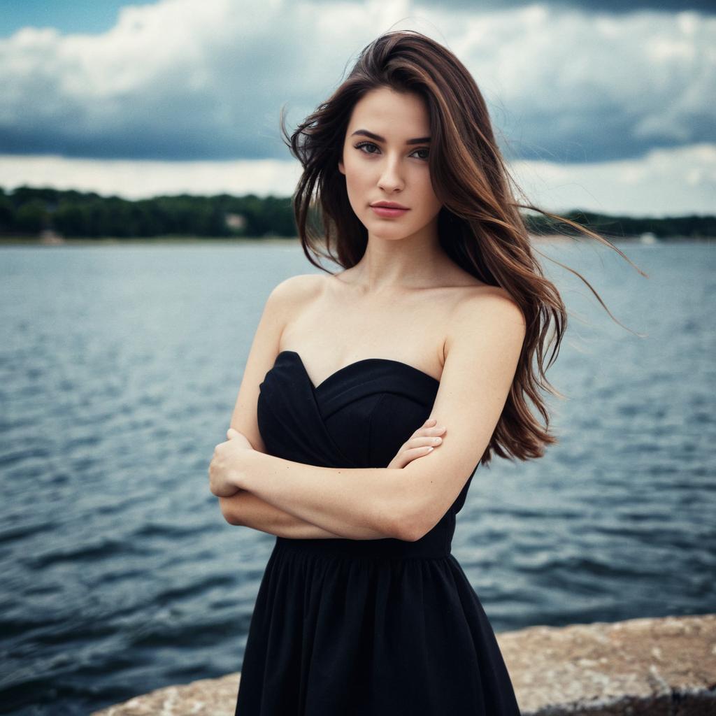 Confident Woman in Strapless Black Dress by Waterfront Confident Woman in Strapless Black Dress by Waterfront