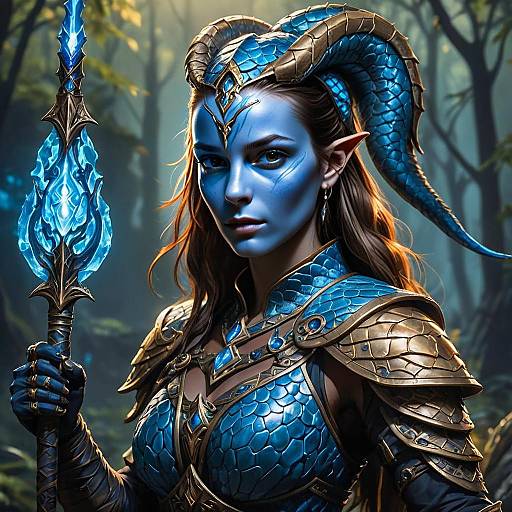 Blue Dragon Horned Woman Warrior in Fantasy Armor with Crystal Spear