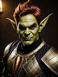Realistic Man Wearing Green Goblin Costume with Gold Armor – Detailed Cosplay Photo