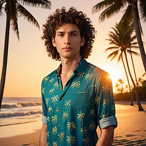 Young Man on Tropical Beach at Sunset
