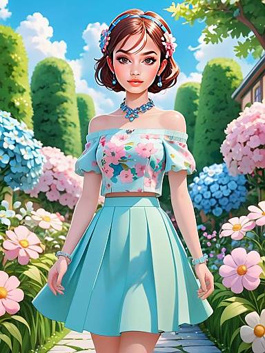 Anime Style Young Woman in Floral Outfit Standing in Flower Garden Illustration