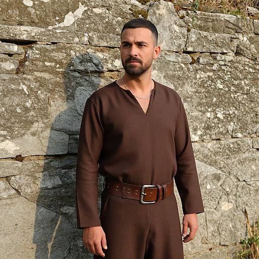 Man in Brown Outfit with Leather Belt Standing by Stone Wall
