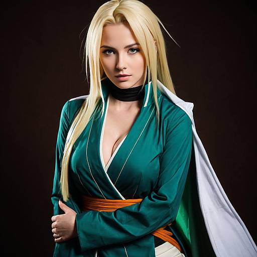 Blonde Woman in Detailed Green and White Cosplay Costume Studio Portrait