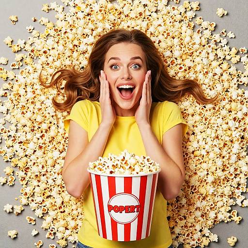 Excited Gen Z Woman with Bucket of Popcorn Surrounded by Scattered Popcorn