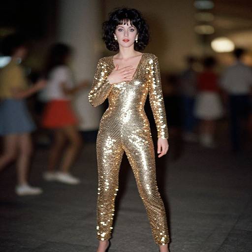 Woman in Gold Sequin Jumpsuit 1980s Style Fashion