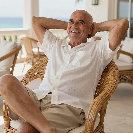 Elderly Man Relaxing Comfortably in Wicker Chair on Patio