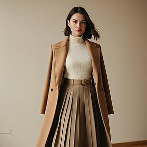 Elegant Woman in Beige Wool Coat and Pleated Skirt Fashion Portrait