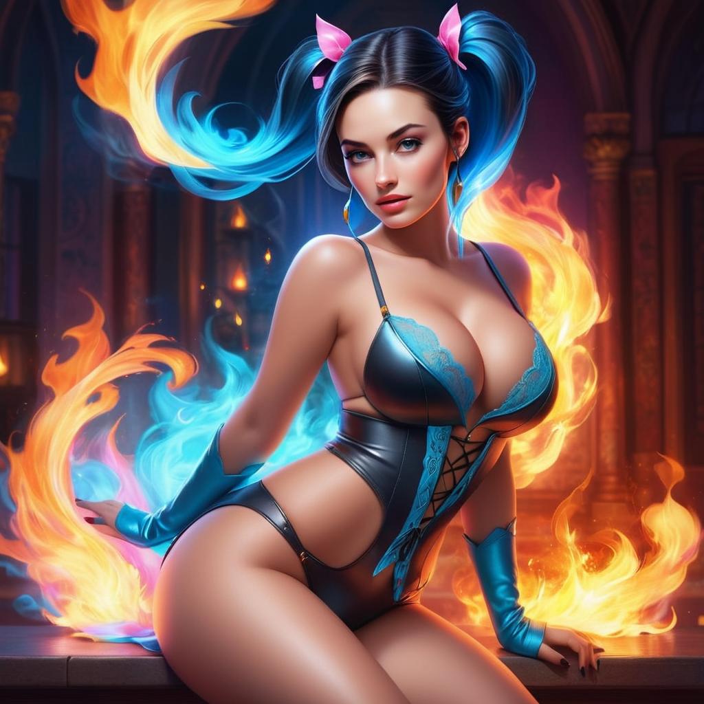 Fantasy Digital Artwork of Woman with Blue Flames and Leather Outfit
