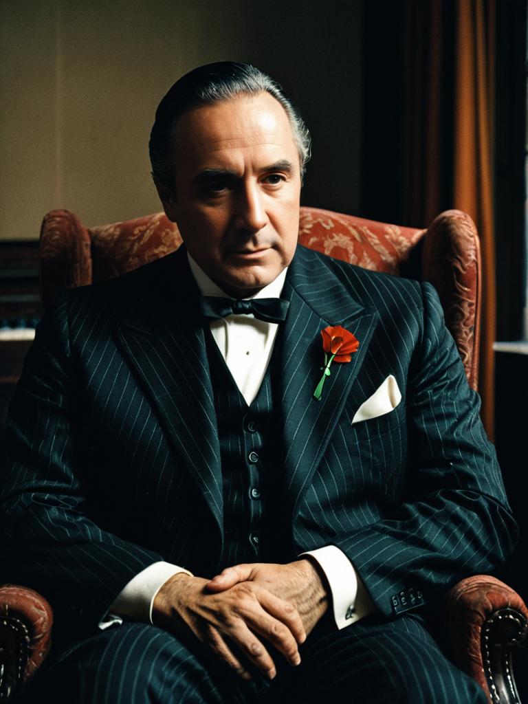 Man in Godfather Costume Photorealistic Cosplay Portrait Cinematic