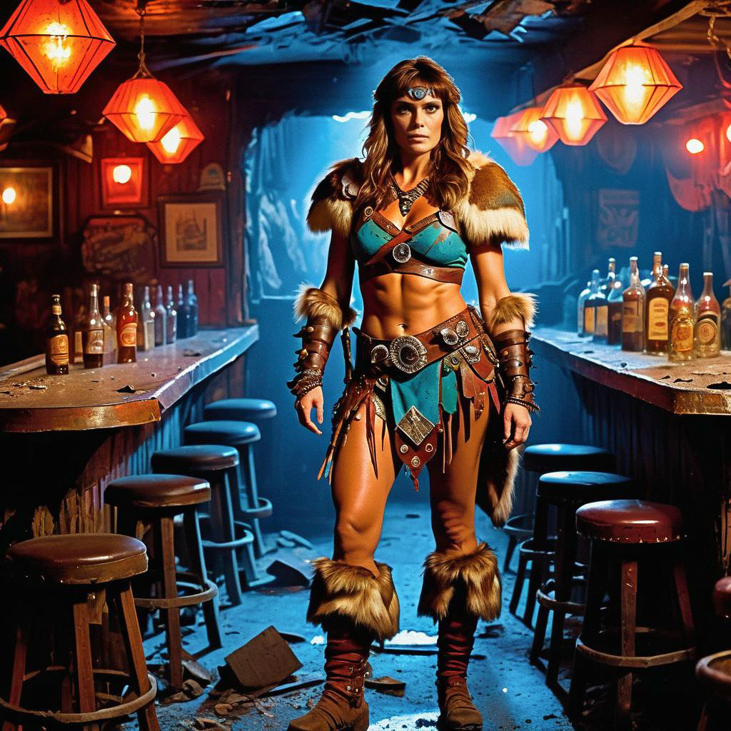 Confident Woman in Warrior Attire at Dimly Lit Bar Confident Woman in Warrior Attire at Dimly Lit Bar