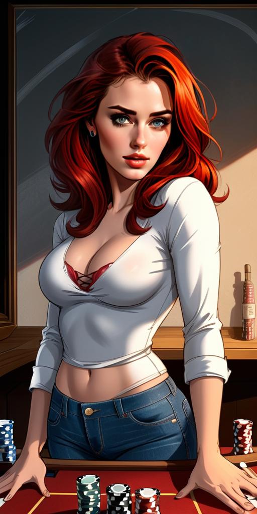 Red-Haired Woman at Poker Table Digital Illustration