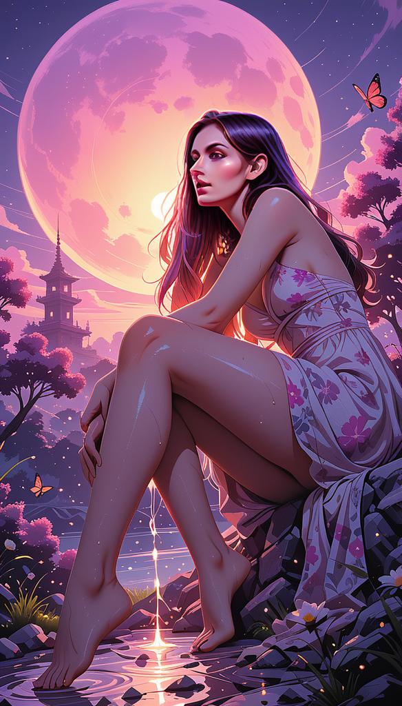 Woman by Tranquil Water Under Moonlight