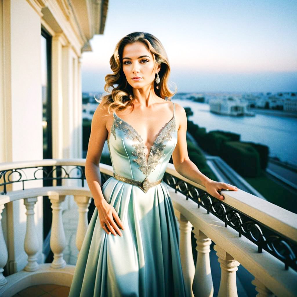 Elegant Woman in Light Blue Gown on Balcony