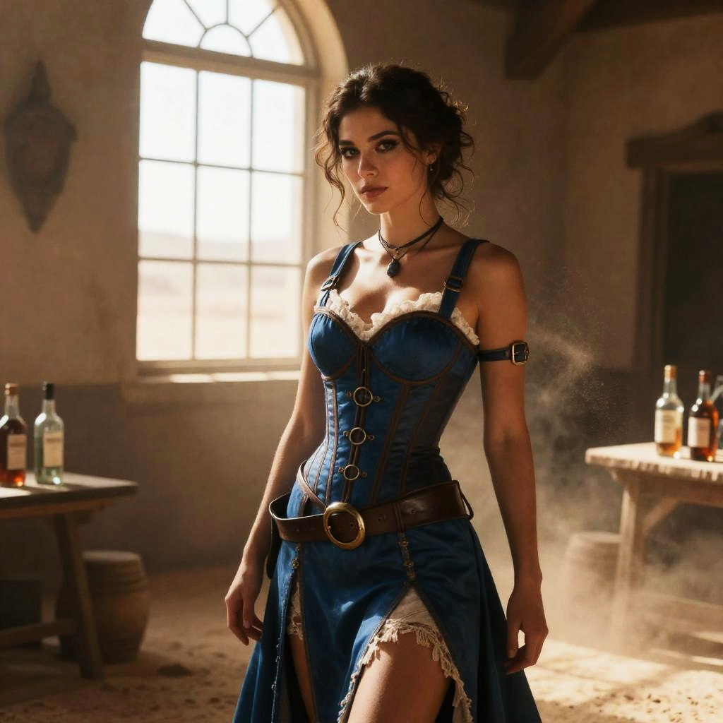 Woman in Vintage Blue Corset Dress in Rustic Sunlit Room