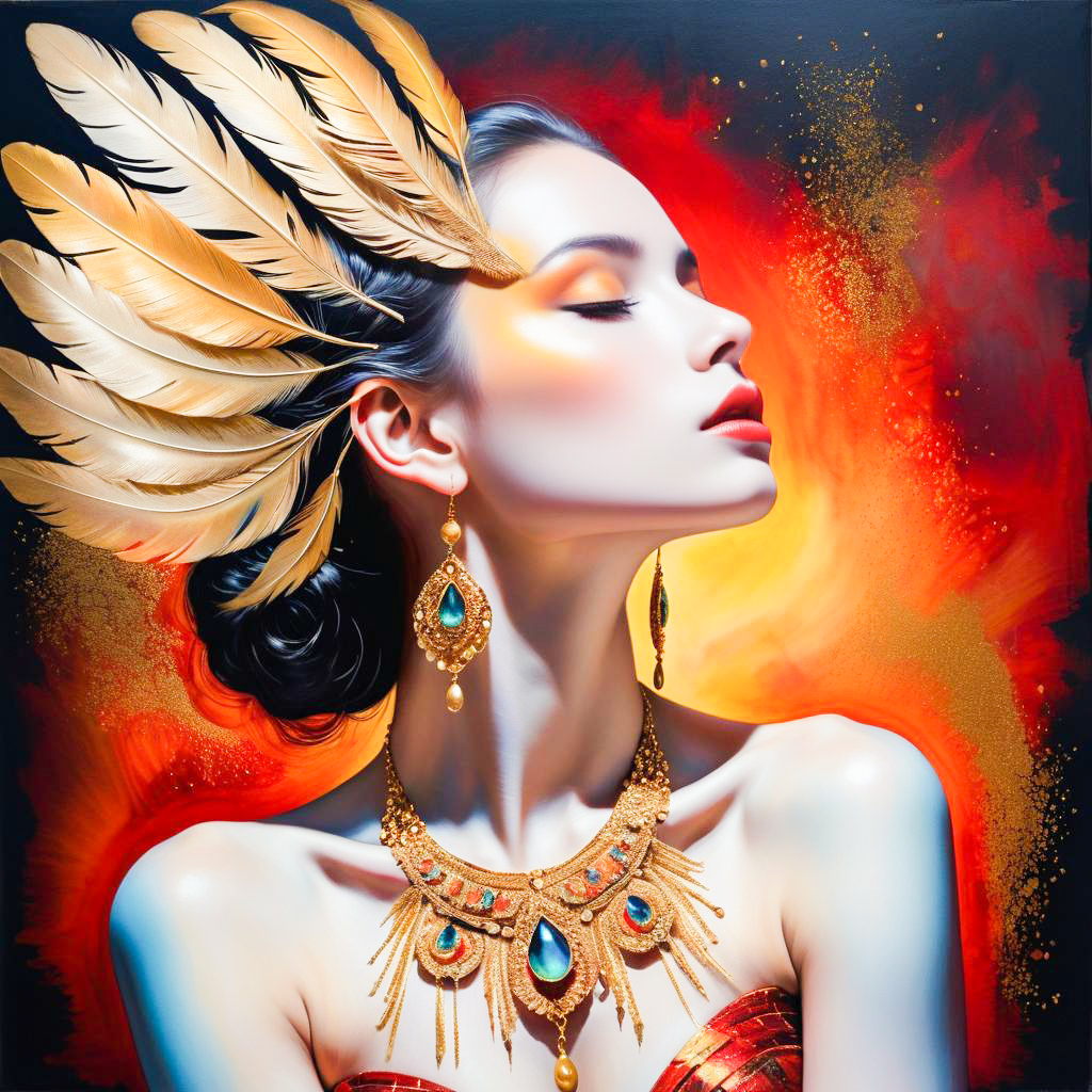 Elegant Woman with Golden Feathers and Jewelry