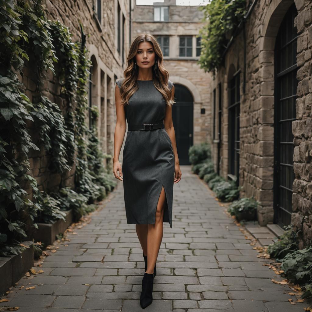 Elegant Woman Walking in Historic Stone Alley Wearing Dark Gray Dress