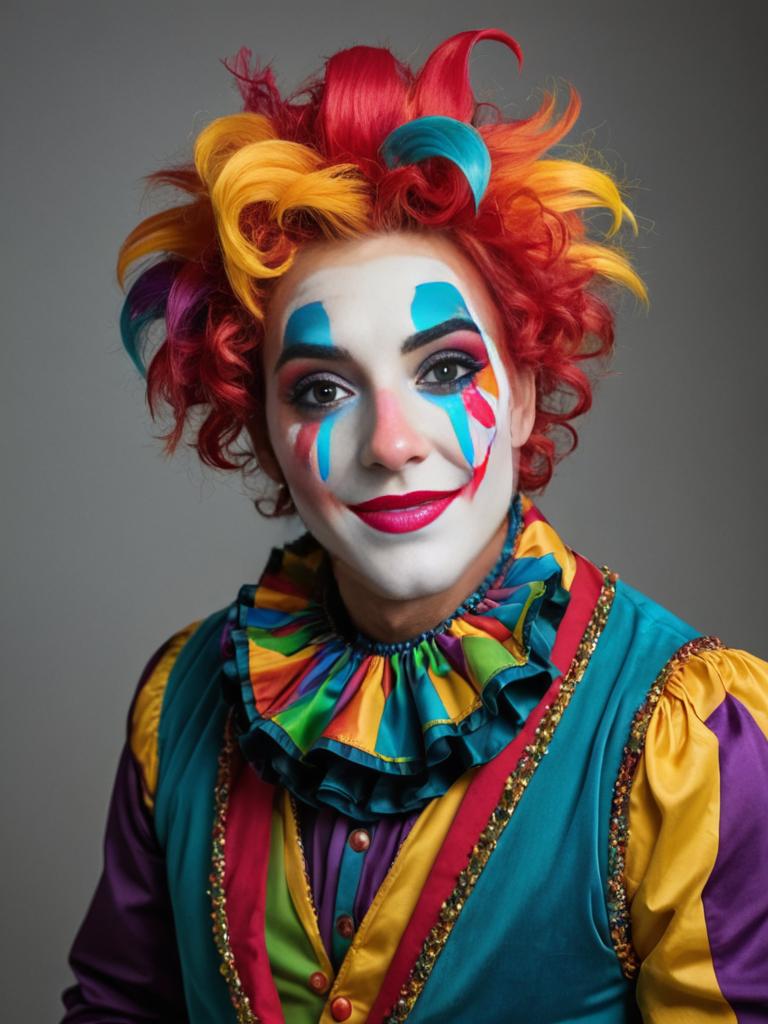 Colorful Jester Portrait with Whimsical Hat and Face Paint