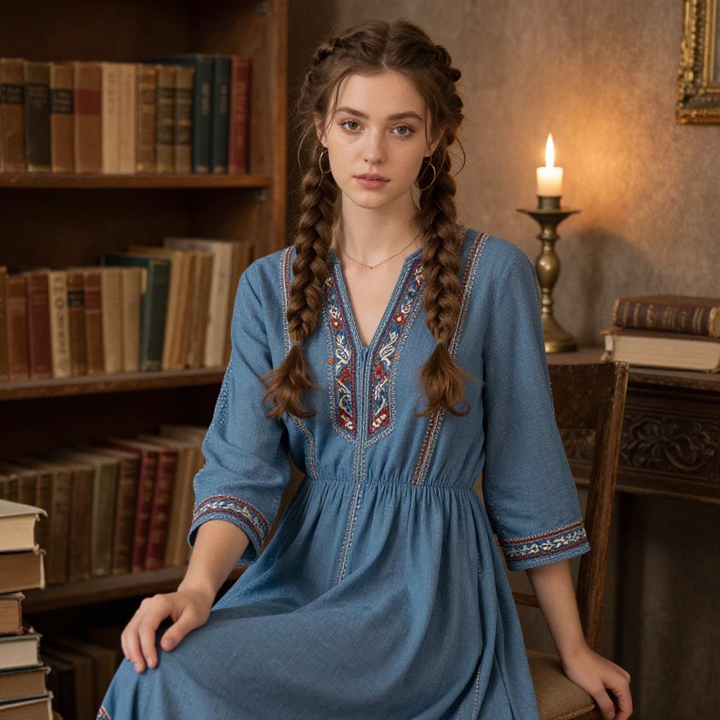 Young Woman in Blue Embroidered Dress Sitting in Vintage Library