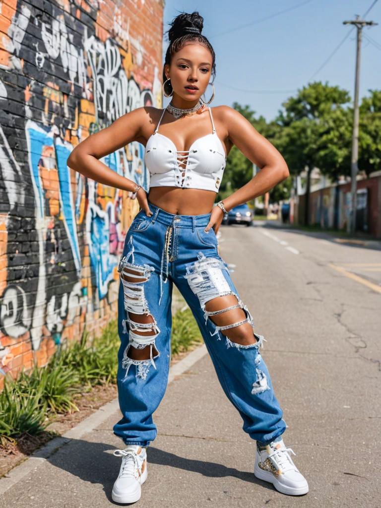 Confident Woman in Trendy Streetwear Against Graffiti Wall