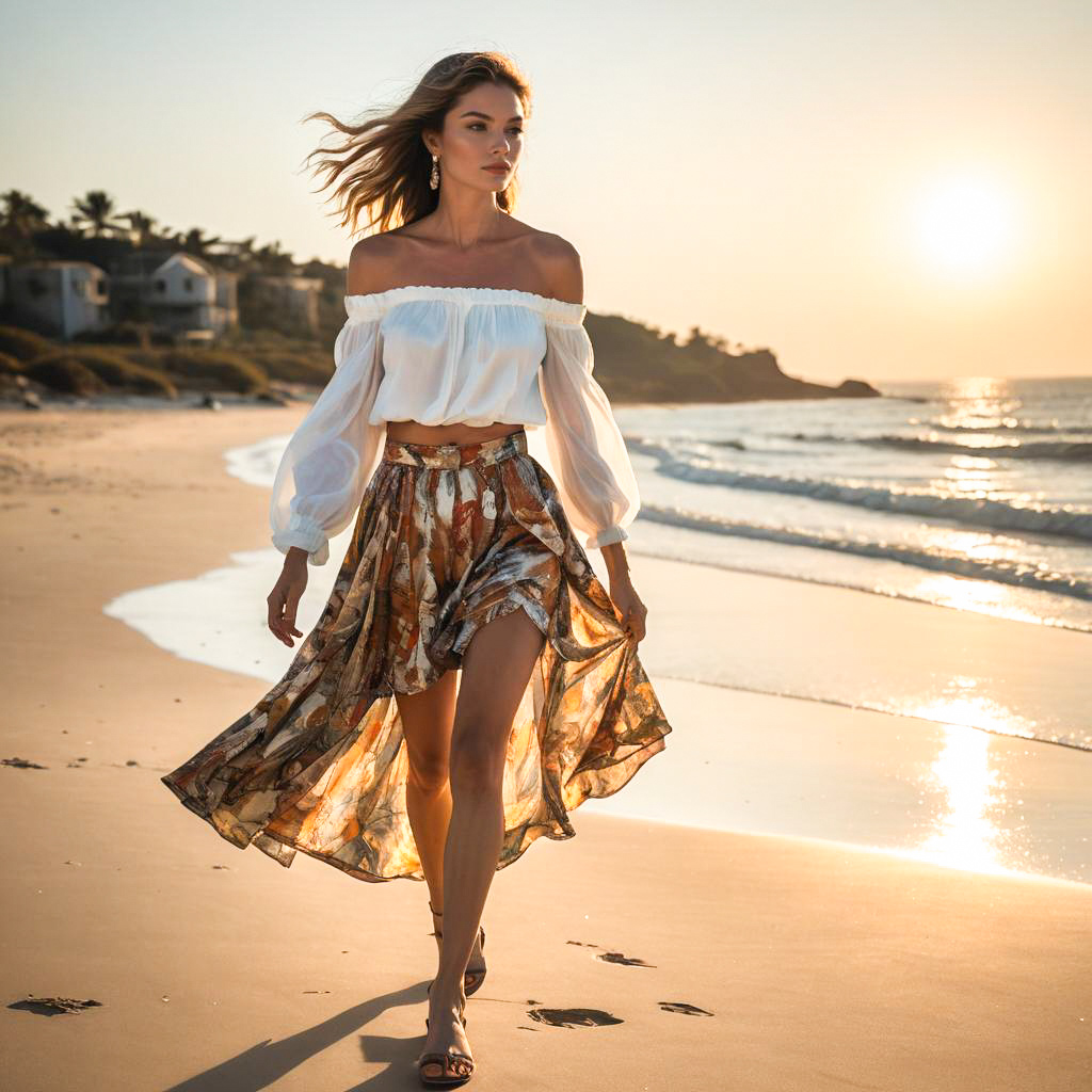 Woman Strolling on Beach at Sunset