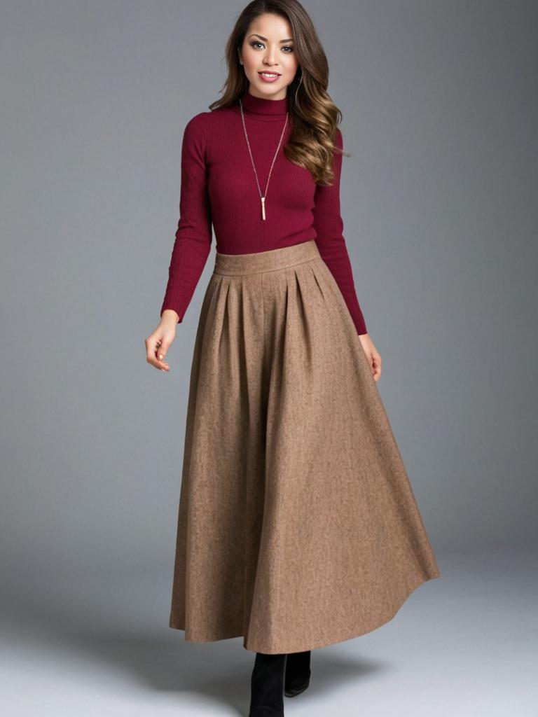 Woman in Red Turtleneck and Beige Skirt