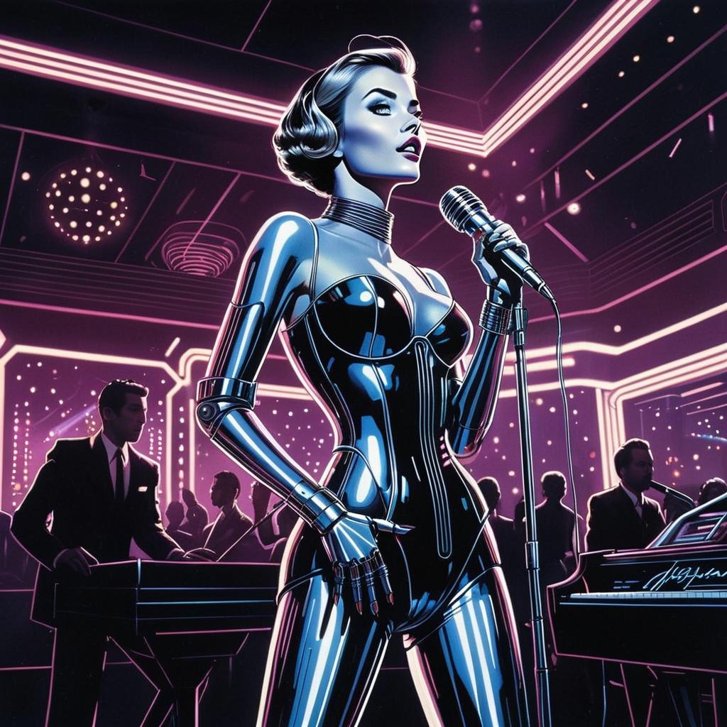 Futuristic Android Singer Performing in Neon Retro Nightclub