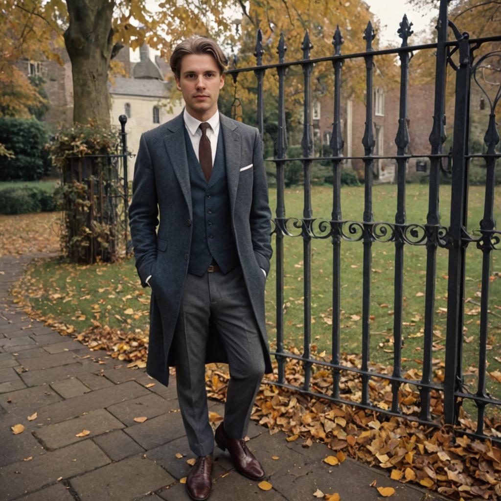 Man in Tailored Suit by Wrought-Iron Gate with Autumn Leaves