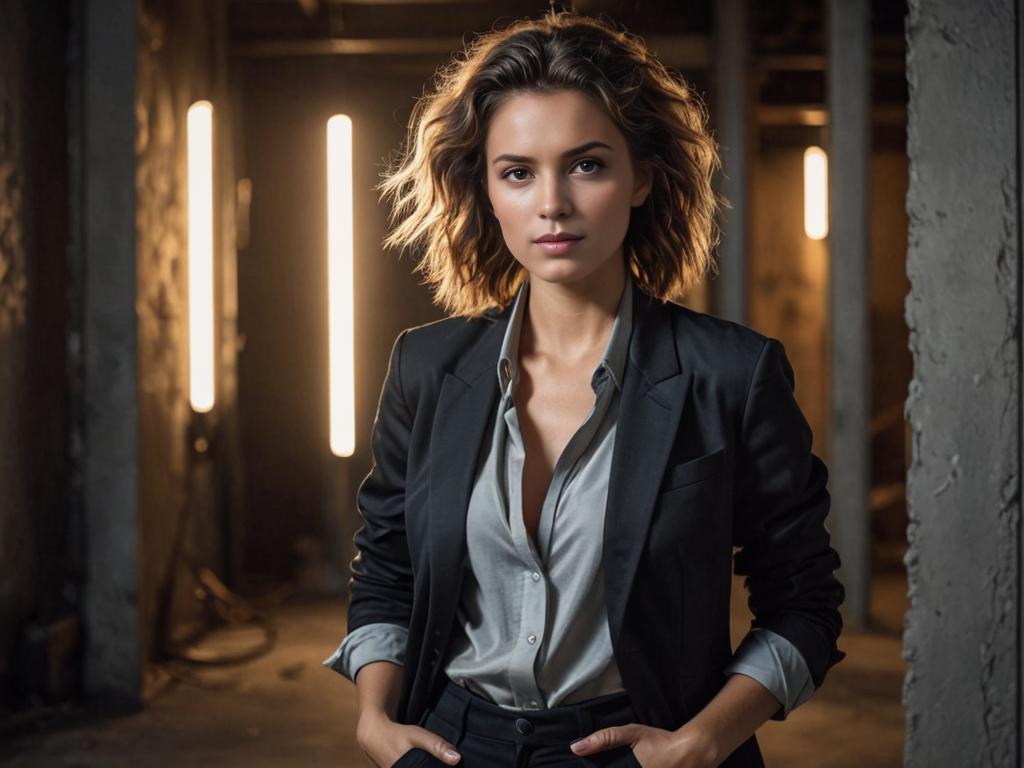 Confident individual with stylish messy hairstyle against industrial backdrop