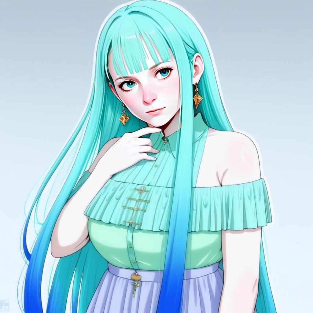 Anime Inspired Portrait of Woman with Long Turquoise Hair and Pastel Outfit