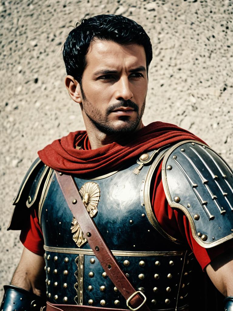 Man in Roman Soldier Costume Waist Up Editorial Portrait Photorealistic
