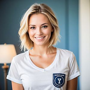 Cheerful young woman in white t-shirt with blue emblem