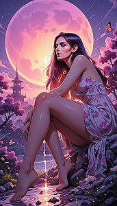 Woman by Tranquil Water Under Moonlight